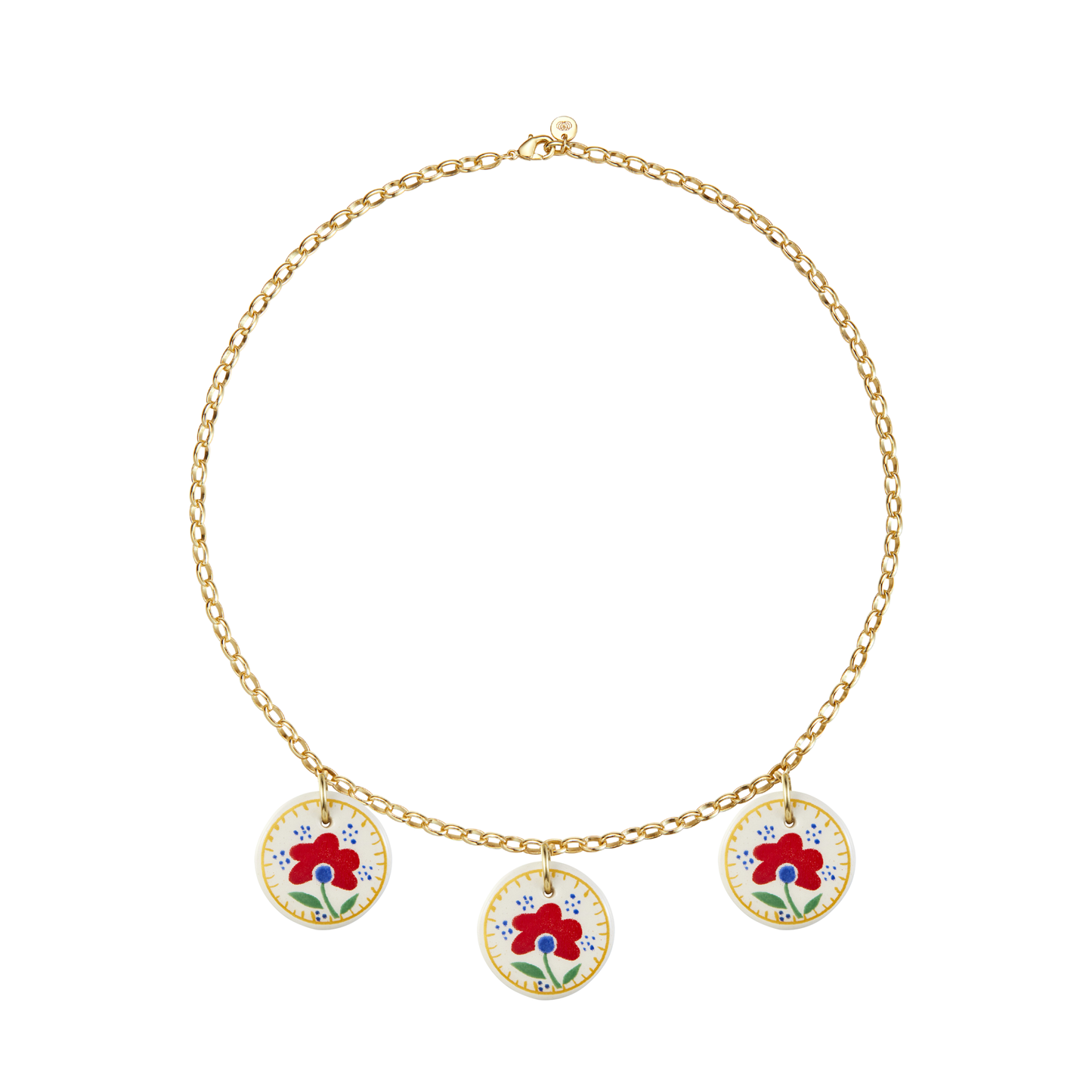 Collier en Faïence – Trois médailles Fleurs rouge