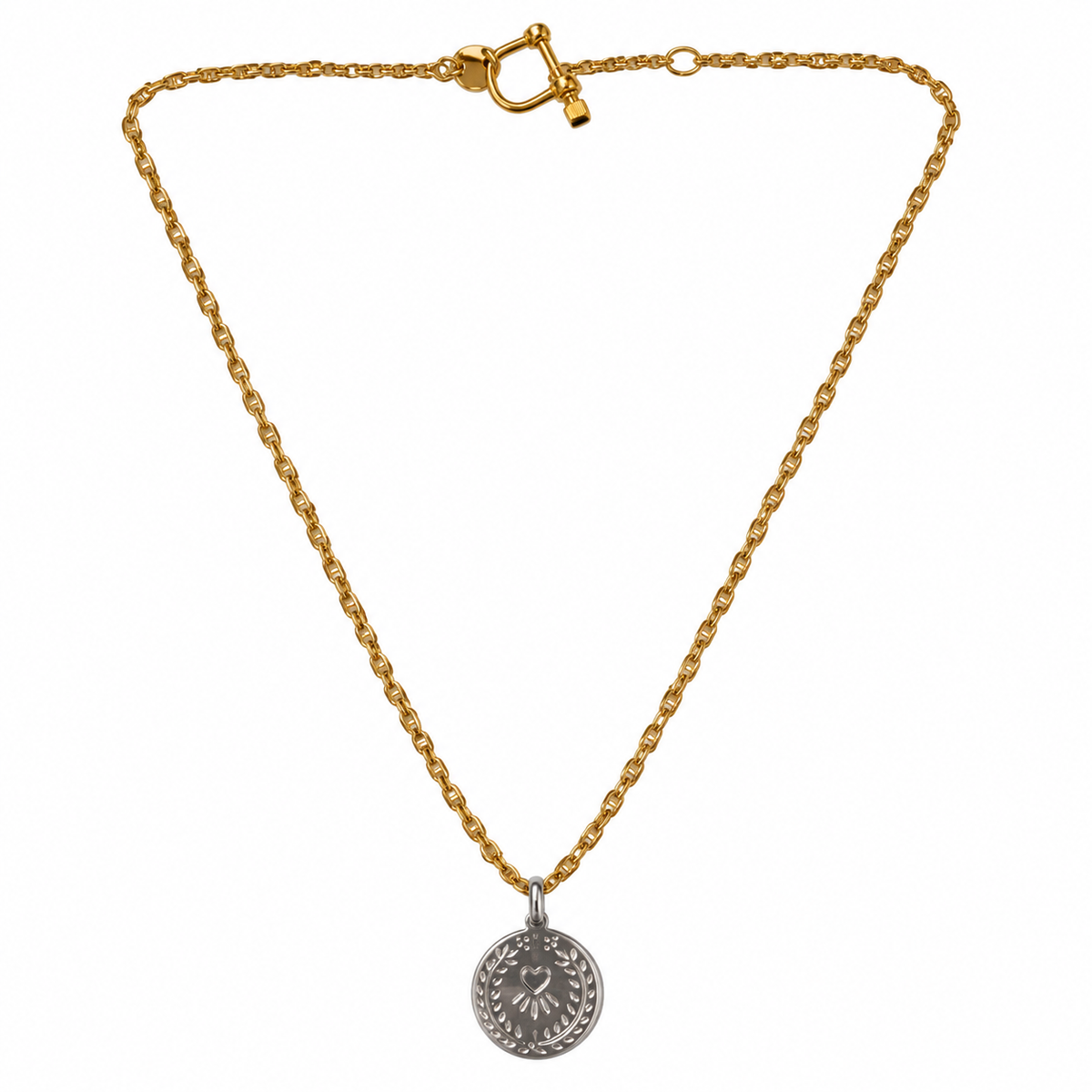 Collier chaîne marine dorée avec manille et médaille Kœur en argent 925
